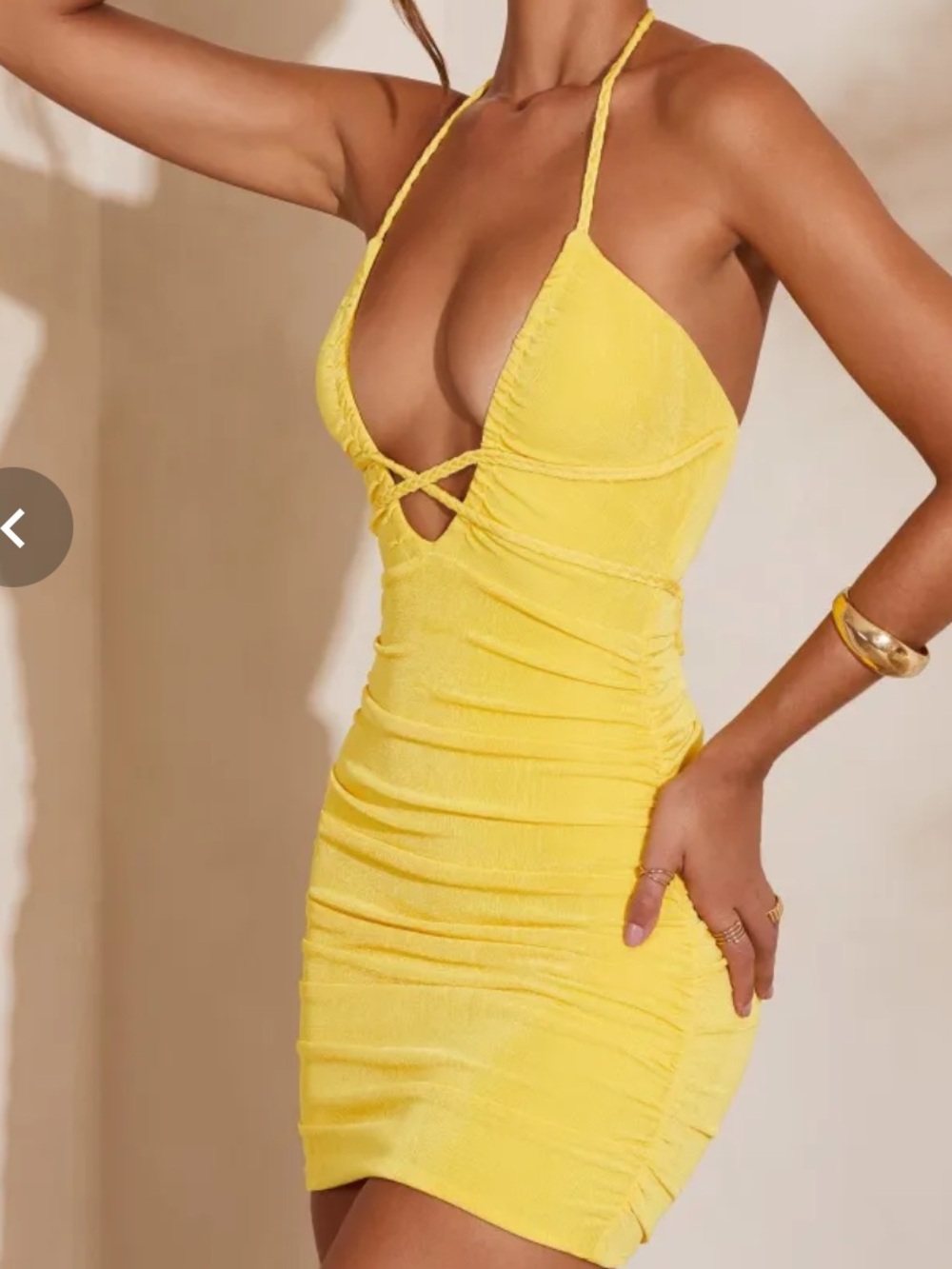 Halter Braided Ruched Mini Dress - Yellow
